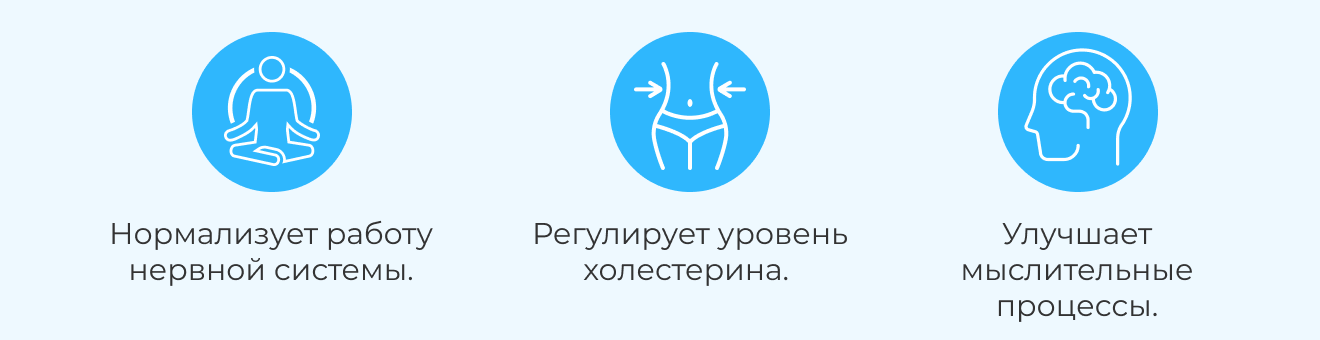 Нормализует работу нервной системы. | Регулирует уровень холестерина.&nbsp; | Улучшает мыслительные процессы. &nbsp;