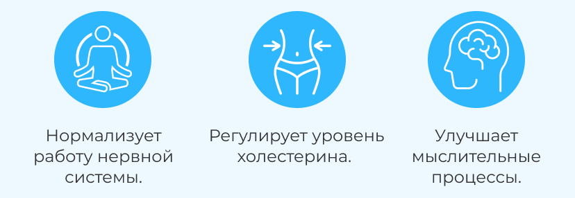 Нормализует работу нервной системы. | Регулирует уровень холестерина.&nbsp; | Улучшает мыслительные процессы. &nbsp;