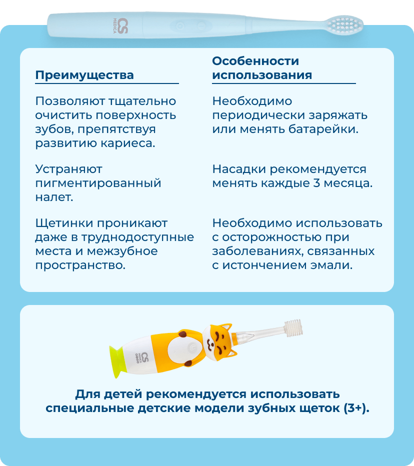 Преимущества: 1. Позволяют тщательно очистить поверхность зубов, препятствуя развитию кариеса. 2. Устраняют пигментированный налет. 3. Щетинки проникают даже в труднодоступные места и межзубное пространство. | Особенности использования: 1. Необходимо периодически заряжать или менять батарейки. 2. Насадки рекомендуется менять каждые 3 месяца. 3. Необходимо использовать с осторожностью при заболеваниях, связанных с истончением эмали. | Для детей рекомендуется использовать специальные детские модели зубных щеток (3+). 