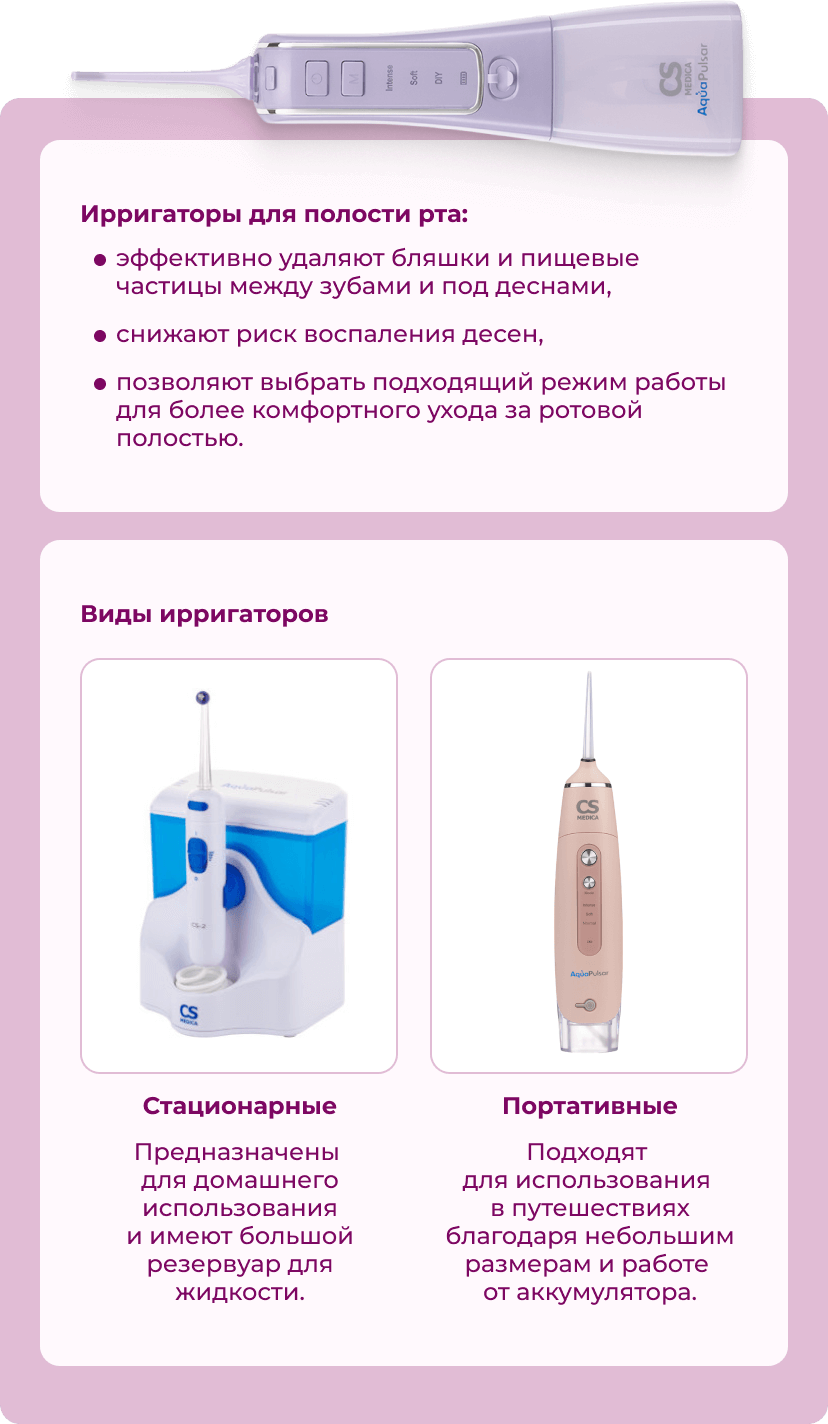 Ирригаторы для полости рта: 1. эффективно удаляют бляшки и пищевые частицы между зубами и  деснами, 2. снижают риск воспаления десен, 3. позволяют выбрать подходящий режим работы для более комфортного ухода за ротовой полостью. | Виды ирригаторов: Стационарные. Предназначены для домашнего использования и имеют большой резервуар для жидкости. | Портативные. Подходят для использования в путешествиях благодаря небольшим размерам и работе от аккумулятора.