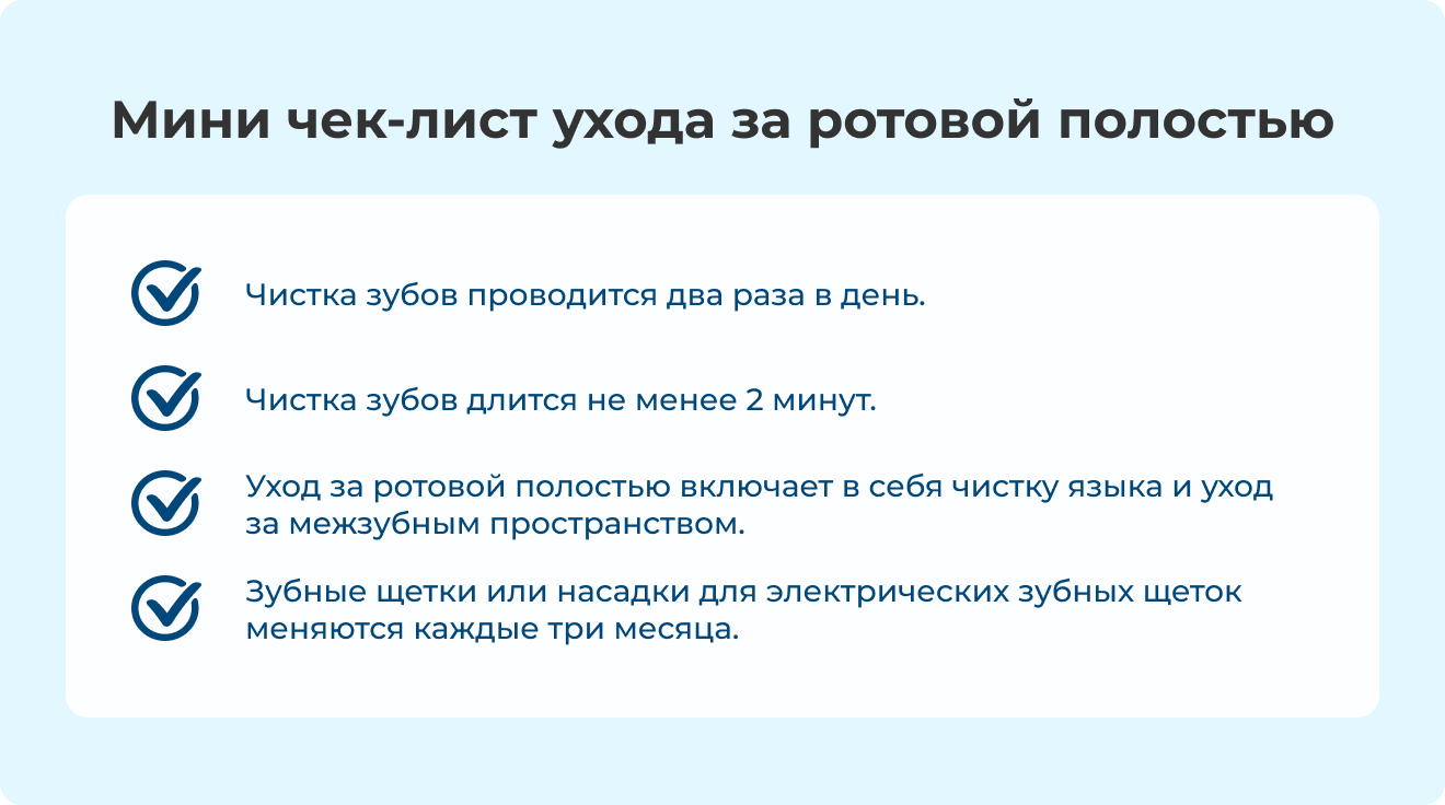 Мини чек-лист ухода за ротовой полостью | 1. Чистка зубов проводится два раза в день. 2. Чистка зубов длится не менее 2 минут. 3. Уход за ротовой полостью включает в себя чистку языка и уход за межзубным пространством. 4. Зубные щетки или насадки для электрических зубных щеток меняются каждые три месяца.