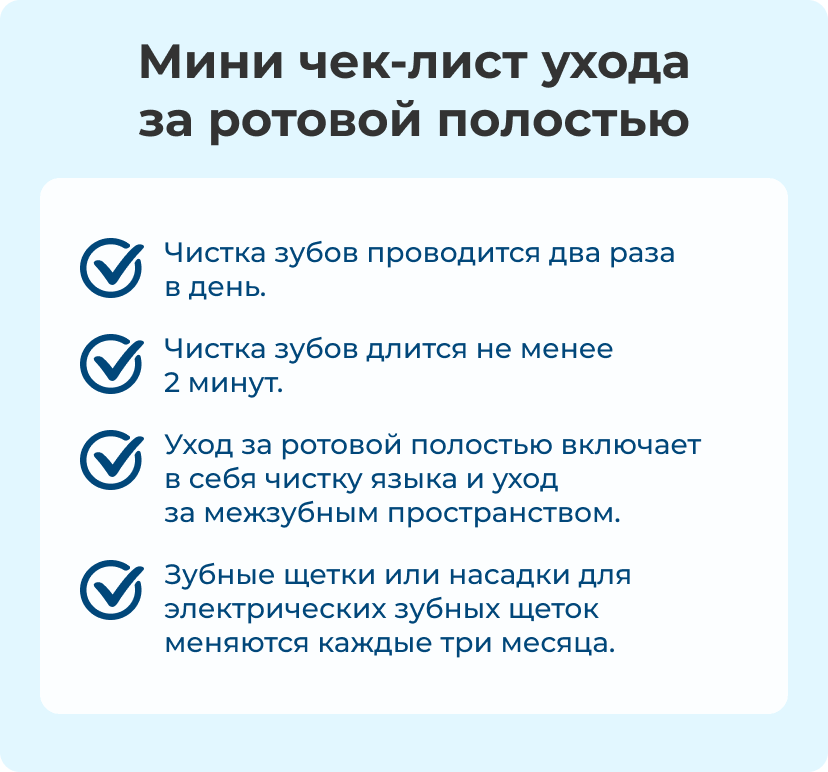 Мини чек-лист ухода за ротовой полостью | 1. Чистка зубов проводится два раза в день. 2. Чистка зубов длится не менее 2 минут. 3. Уход за ротовой полостью включает в себя чистку языка и уход за межзубным пространством. 4. Зубные щетки или насадки для электрических зубных щеток меняются каждые три месяца.